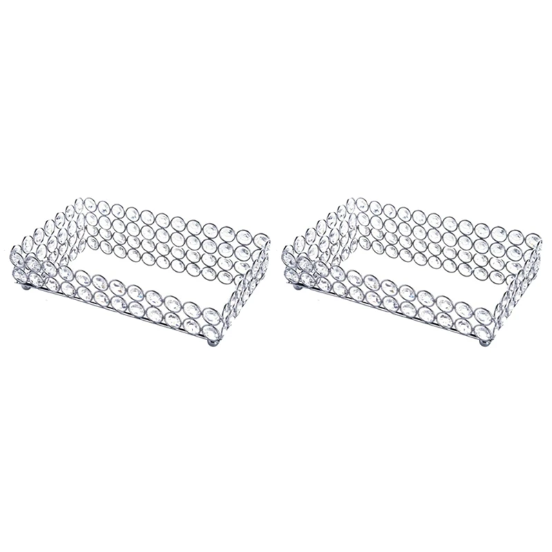 

2X Crystal Rectangle Cosmetic Tray Jewelry Trinket Organizer Mirror Decorative Tray Perfume Skin Care Organizer(Silver)