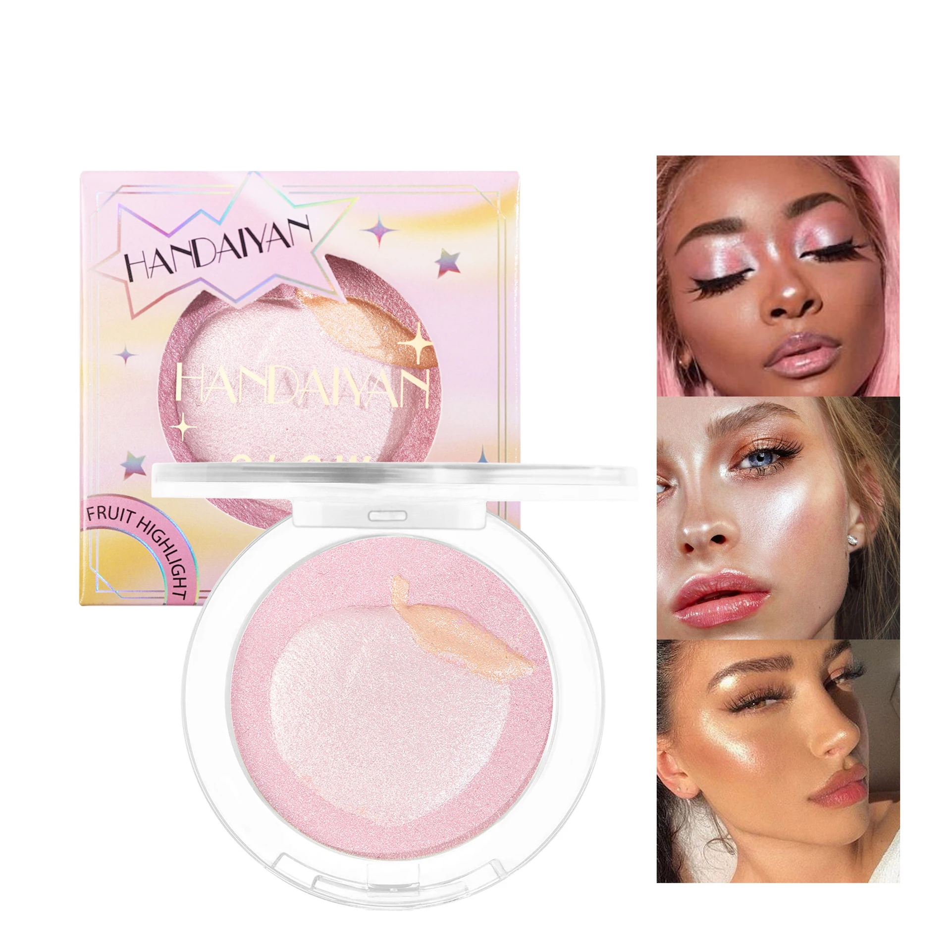 High Gloss Powder With Fruit Pattern 3d Diamond Glitter Highlighter Powder Cute Peach Pink Silver Facial Shadow Brightening