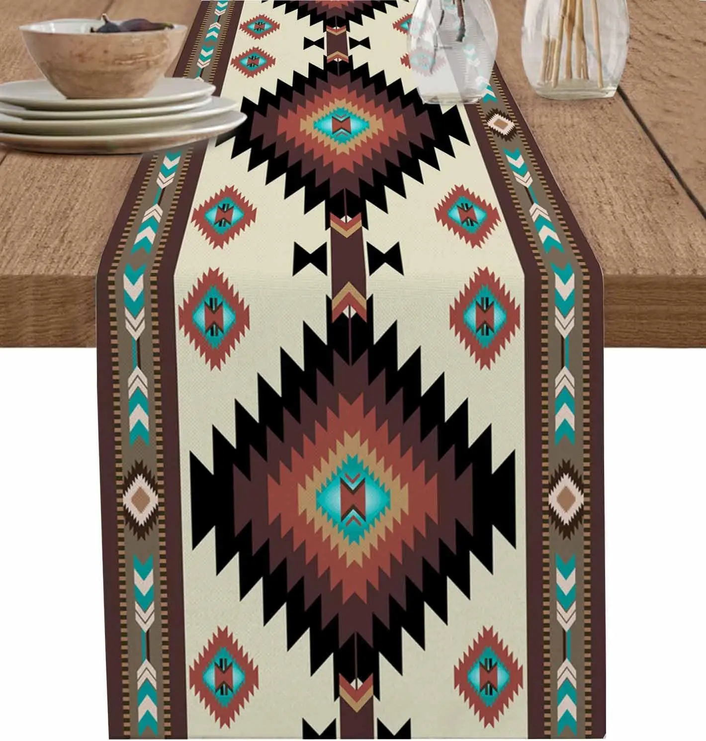 Brown Teal Southwest Linen Table Runner Western Geometric Abstract Ethnic Dresser Scarf Table Decor Home Dining Party Decoration