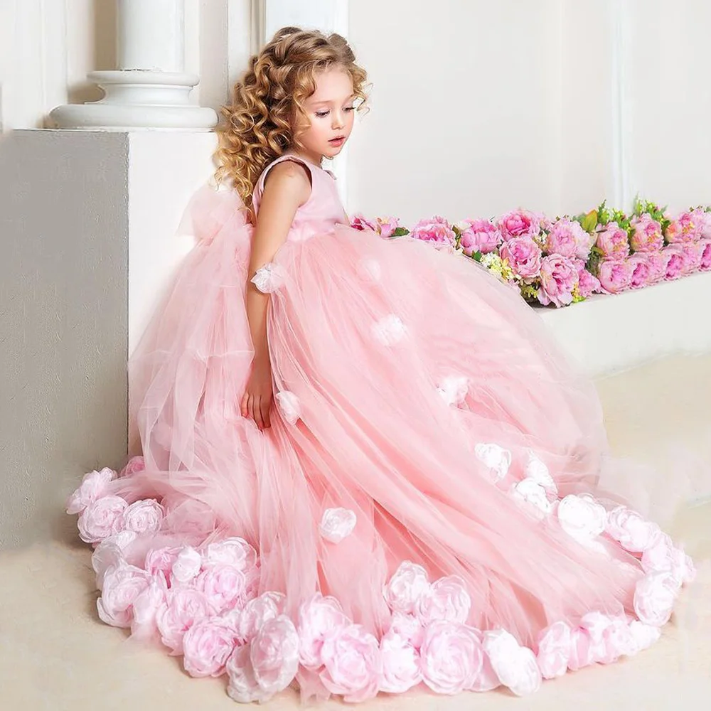 Lovely Pink Flower Girl Dress Sleeveless Scoop 3D Flowers Ball Gown Christmas Party  for Birthday First Communion 