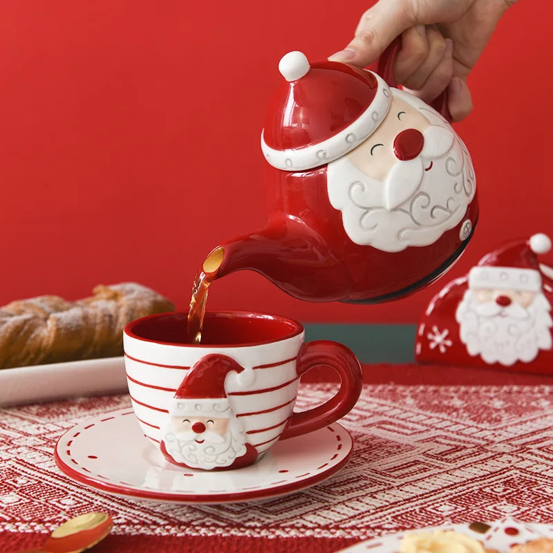 Christmas Santa Ceramic Coffee Cup Saucer Teapot Set Gift Box Drinkware