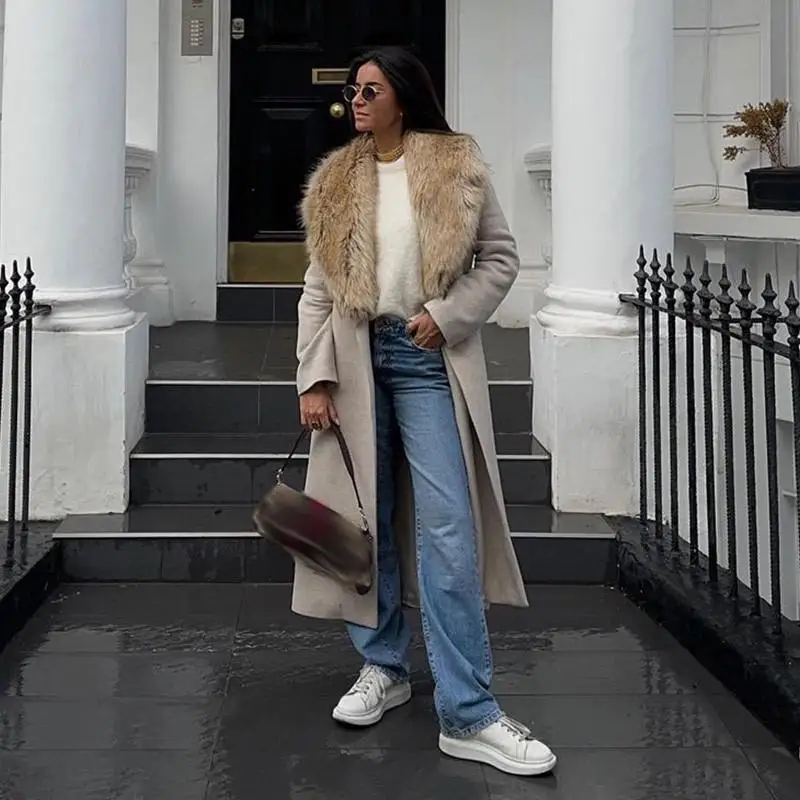 

Ele Long Woolen Coat with Fur Collar 2024 Winter New Sle Commute Sle Pure Color PU Material Long Sve Coat