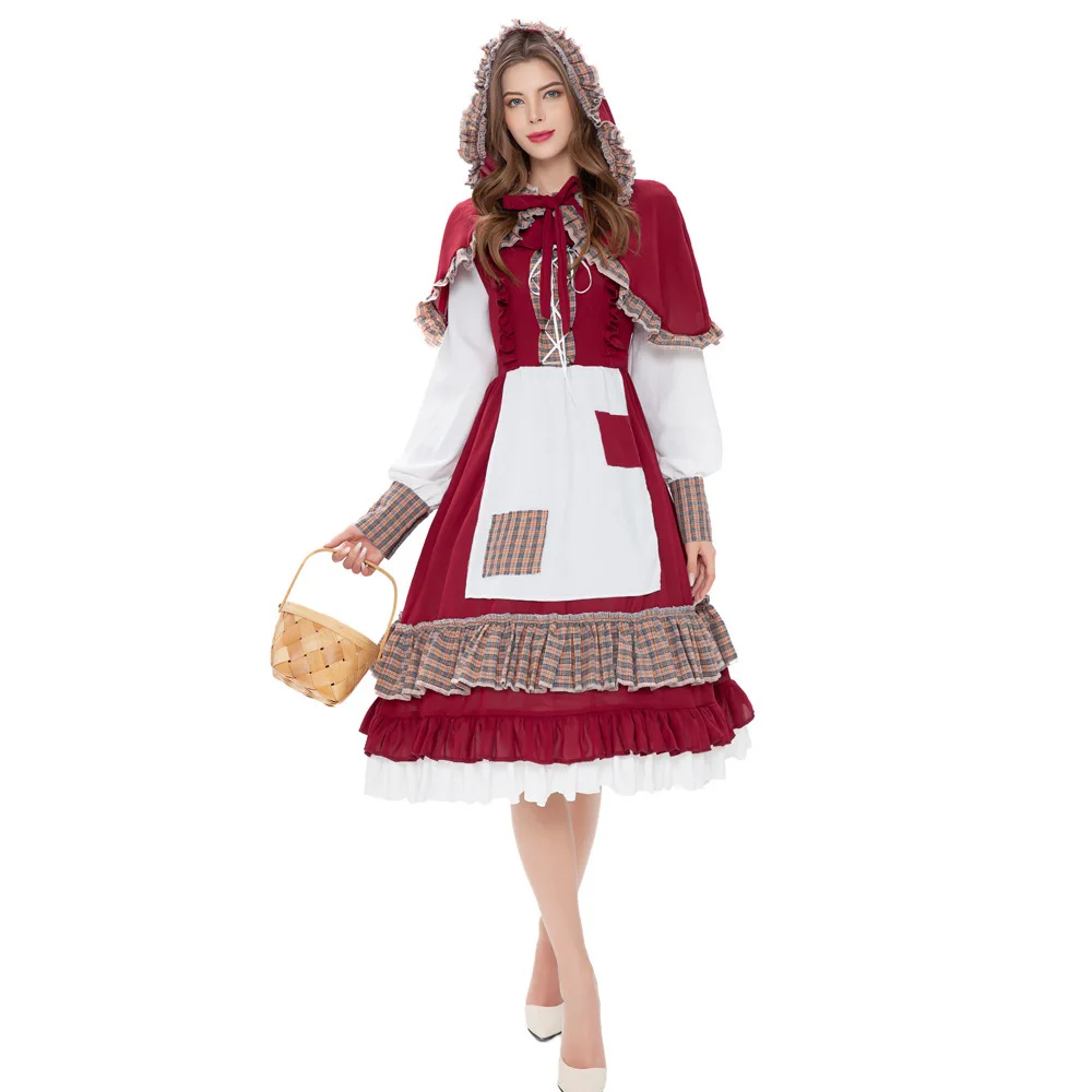 Adult Little Red Riding Hood Cosplay Costume Party Performance Maid Servant Outfit Halloween Country Estate Farm Theme