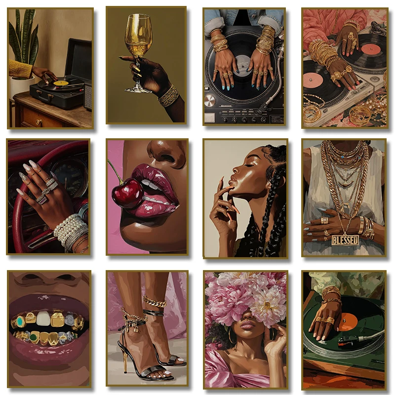 1pc frameless Black Woman Vinyl Record DJ Poster Luxury Nails Jewelry Wine Canvas  Print Wall Art Picture Living Room