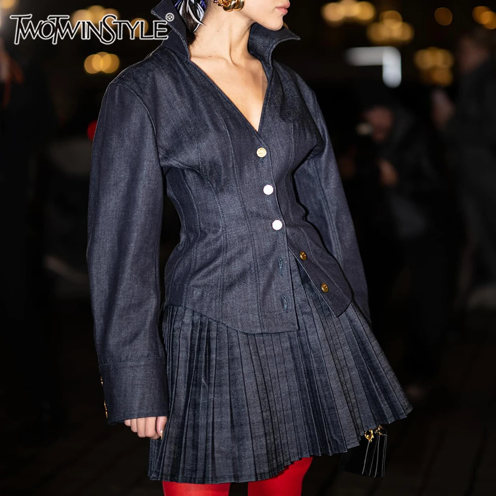 

TWOTWINSTYLE Fashion Cowboy Two Piece Sets for Women Stand Neck Long Sleeves Tunic Top High Waist Spliced Folds Skirt Set Female