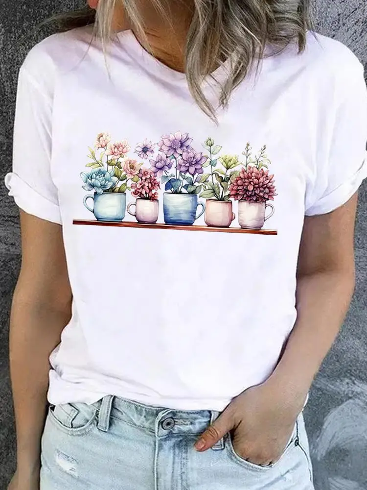 Lovely Floral Flower 90s O-neck Fashion Top Short Sleeve Print T Shirt Clothing Tee For Women Clothes Basic Graphic T-shirts