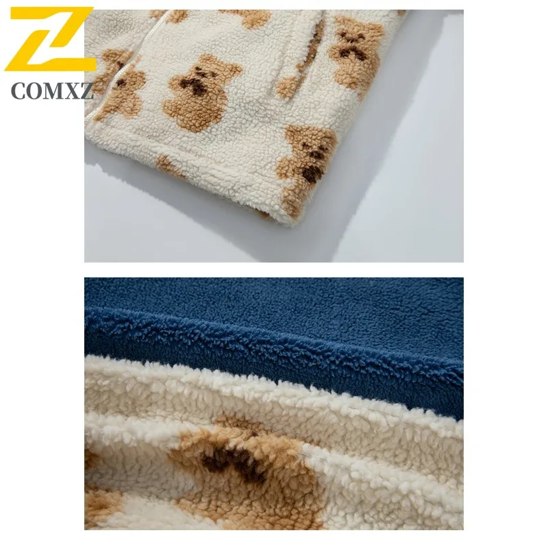 سترة شتوية للرجال من COMXZ بلون سادة لرحلة التزلج الدافئة والثلج والمغامرة سترة من صوف الضأن مظهر الشارع مقاس كبير معطف مبطن