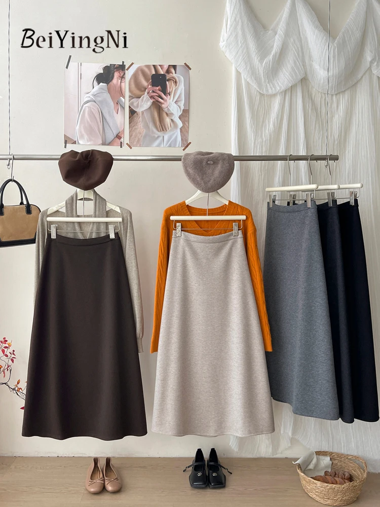 Beiyingni 2026 Fashion Korean Women's Skirts Autumn Winter Woolen Long Maxi Skirt Ladies Elegant Luxury Retro Black A-line Skirt