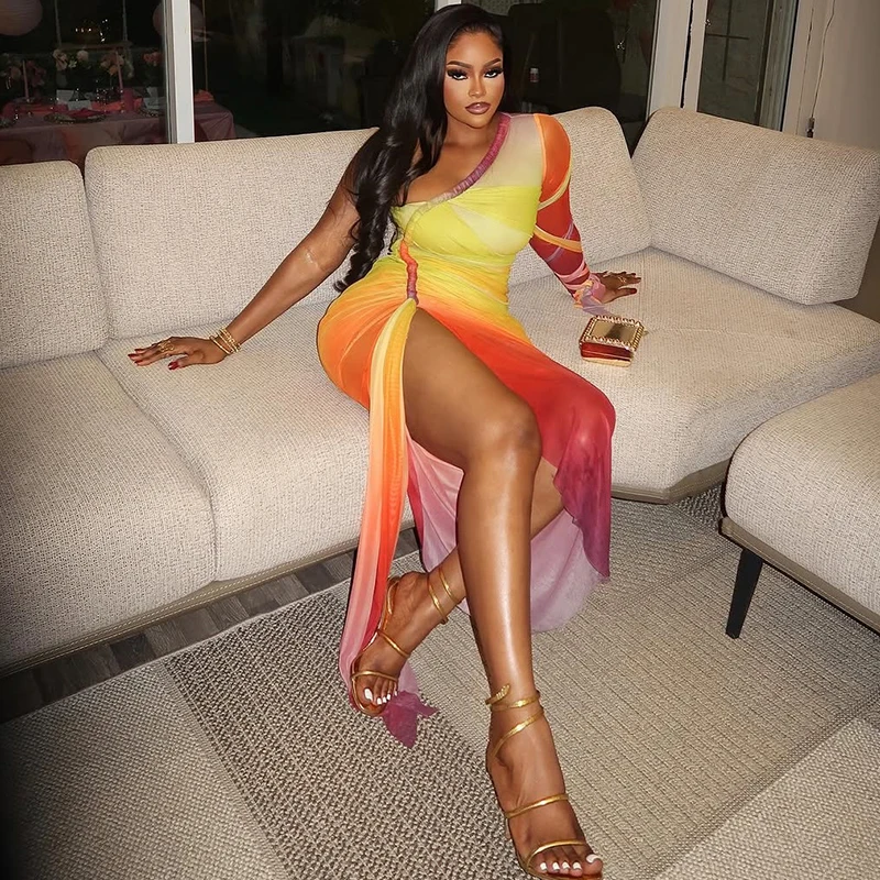 그라디언트 인쇄 불규칙한 생일 드레스 여자 섹시한 스큐 칼라 싱글 슬리브 Bodycon 맥시 드레스 2025 Holiday Beachwear