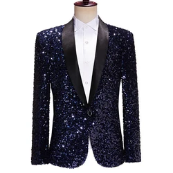 Blazer de lentejuelas brillantes para hombre, chaqueta de esmoquin con solapa de Chal brillante para fiesta, boda, club nocturno, azul marino, vestido de graduación de escenario