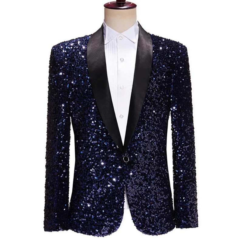 Mens Shiny Sequin Blazer Jacket Party Wedding Nightclub Glitter Shawl Lapel Tuxedo Blazer Navy Blue Stage Prom Dress Suit Jacket