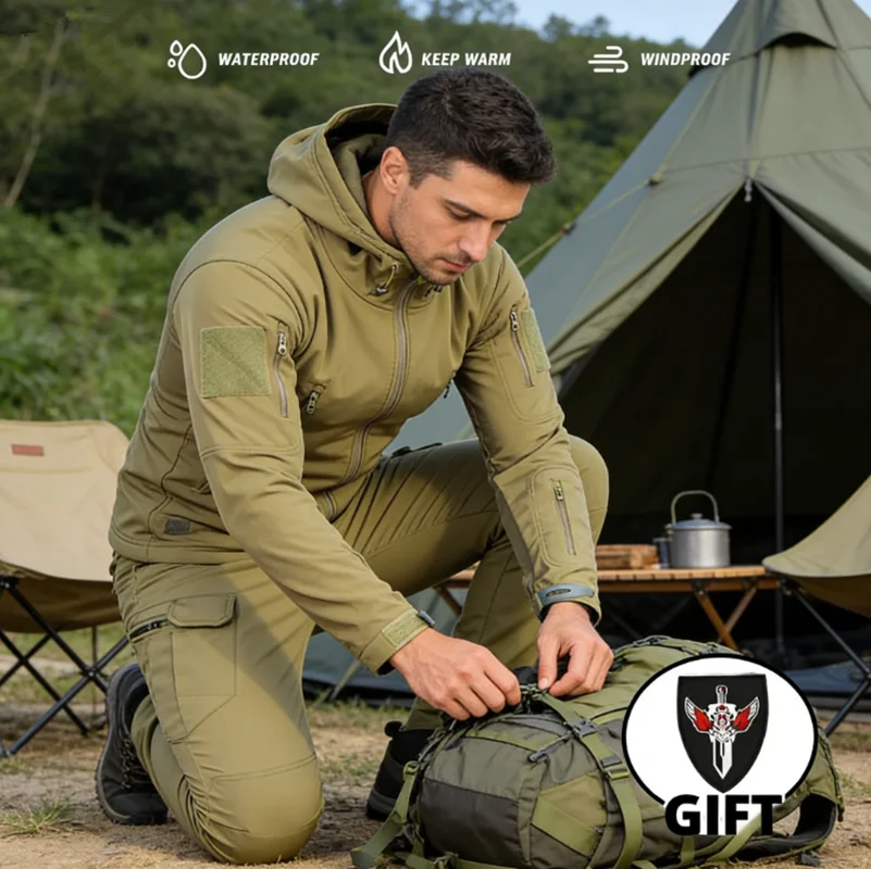 

2026 High Quality Winter Warm Tactical Outfit 2 Piece Set, Waterproof Hooded Fleece Jacket & Cargo Pants for Outdoor Work