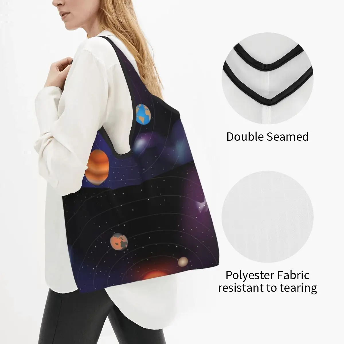 Solar System Space Planets Universe Portable Tote Shopping Bags Large Capacity Shopper Bag Groceries Handbag Shoulder Bag