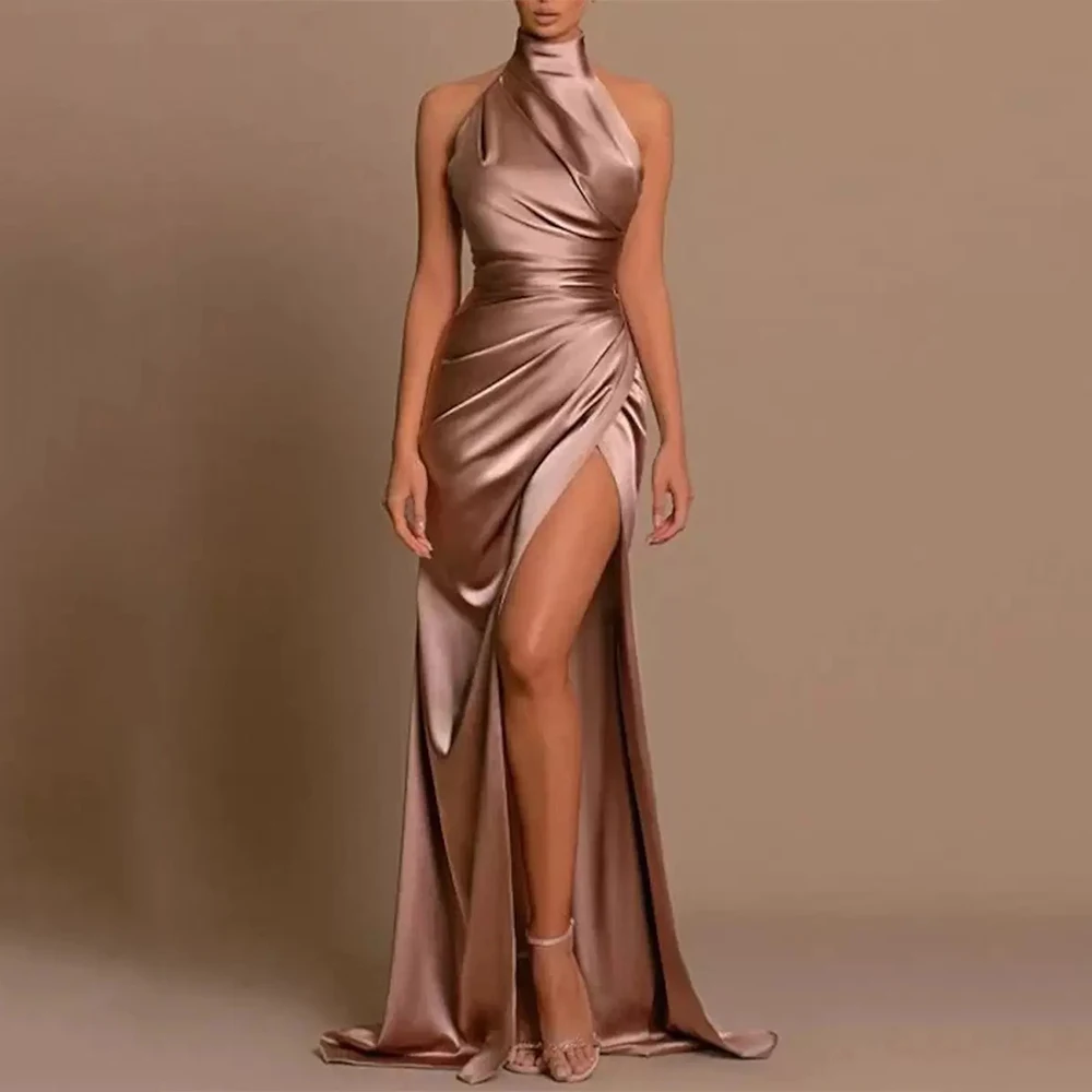 

Dream Champagne Elegant Evening Dresses Satin for Floor-Length Halter Sleeveless Prom Dress High Slit Robes De Soirée Customized
