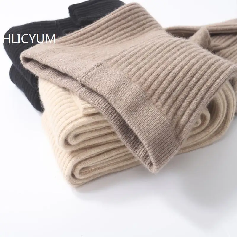 

100% кашемировые утепленные леггинсы для женщин с высокой талией, повседневные брюки, вязаные в рубчик, эластичные, термо, длиной до щиколотки