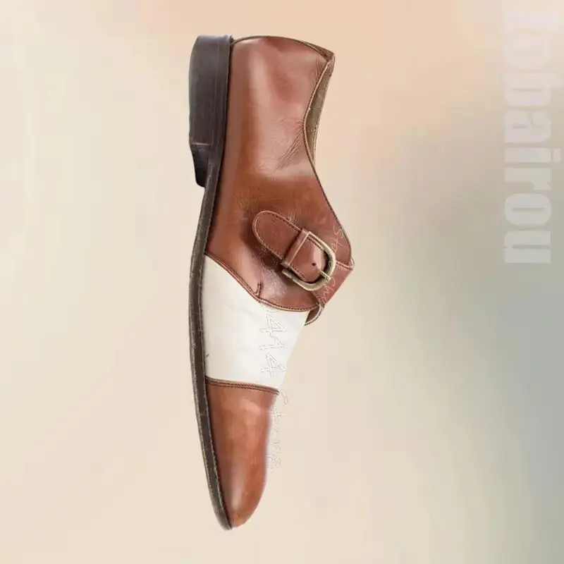 

Brown White Buckle Decor Matte Leather Loafers Fashion Slip On Men Shoes Luxurious Handmade Party Banquet Office Men Dress Shoes