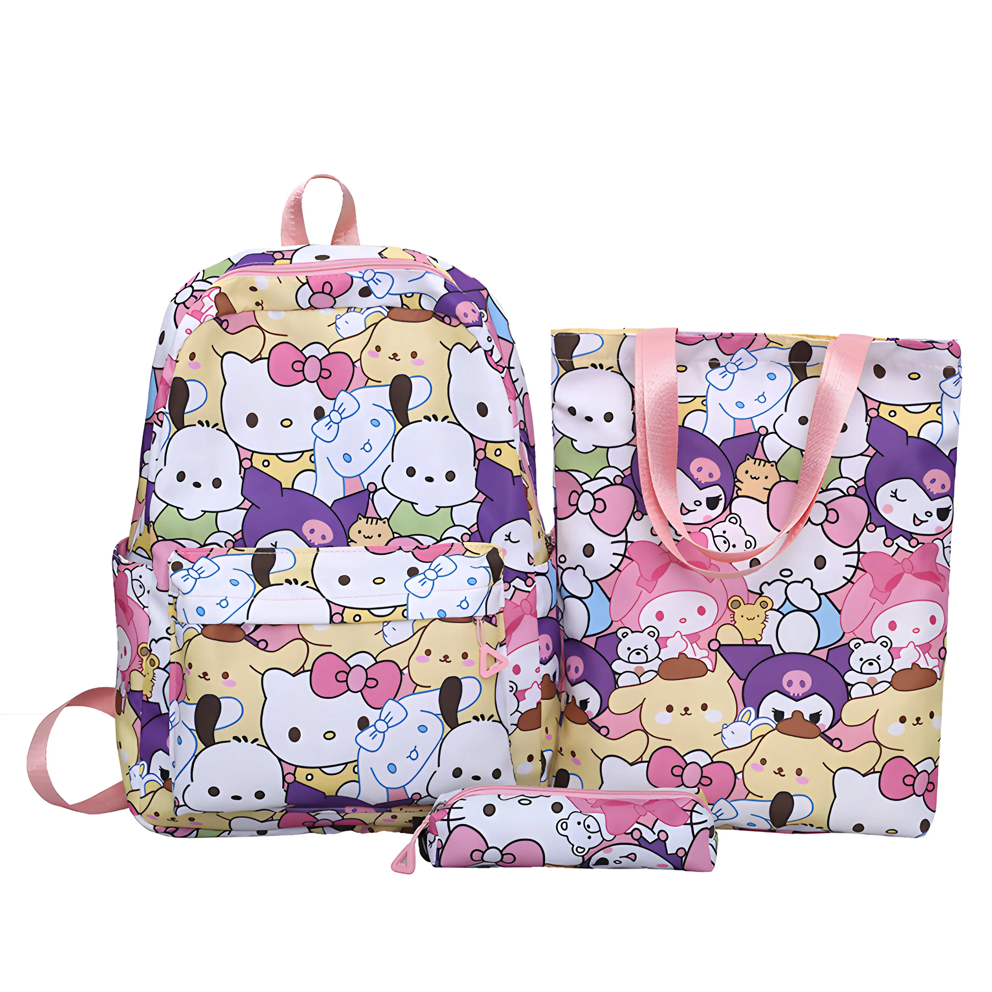 3pcs Hello Kitty Sanrio Backpack Set, Kuromi Tote Shoulder Handbag, Casual Outdoor Daypack with Pencil Bag