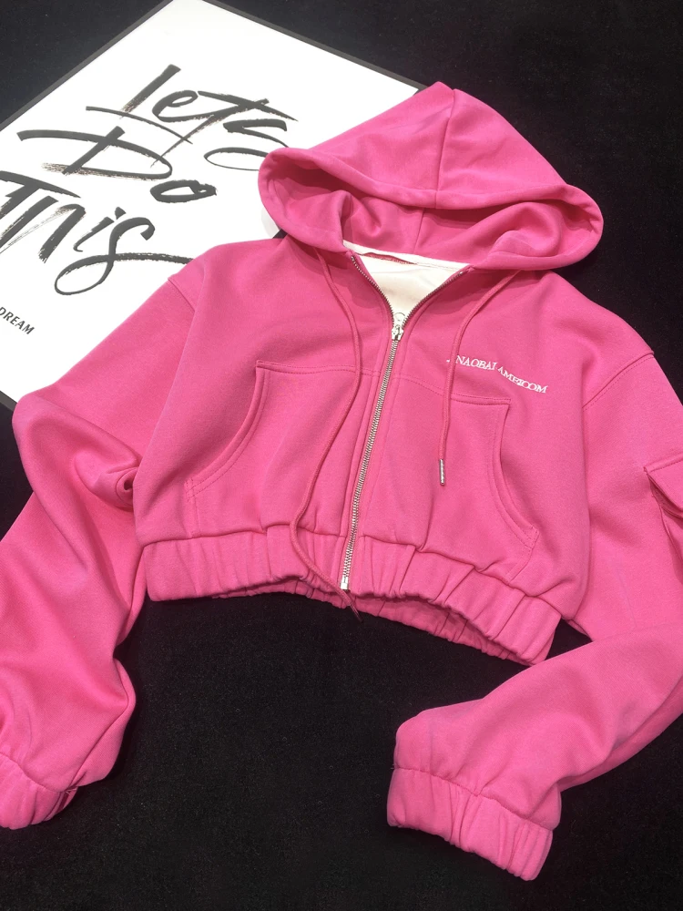 [YOZOU] Winter Thick Warm Fleece Cropped Top Hooded Sweatshirt Zip-up Hoodies Coat Jackets Kpop Pink Barbiecore Tracksuit