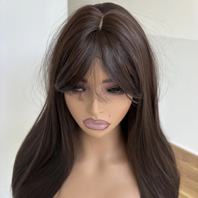 

Dress Up Wig With Bangs Choc Brown Synthetic Hair Heat Resistant Long Straight