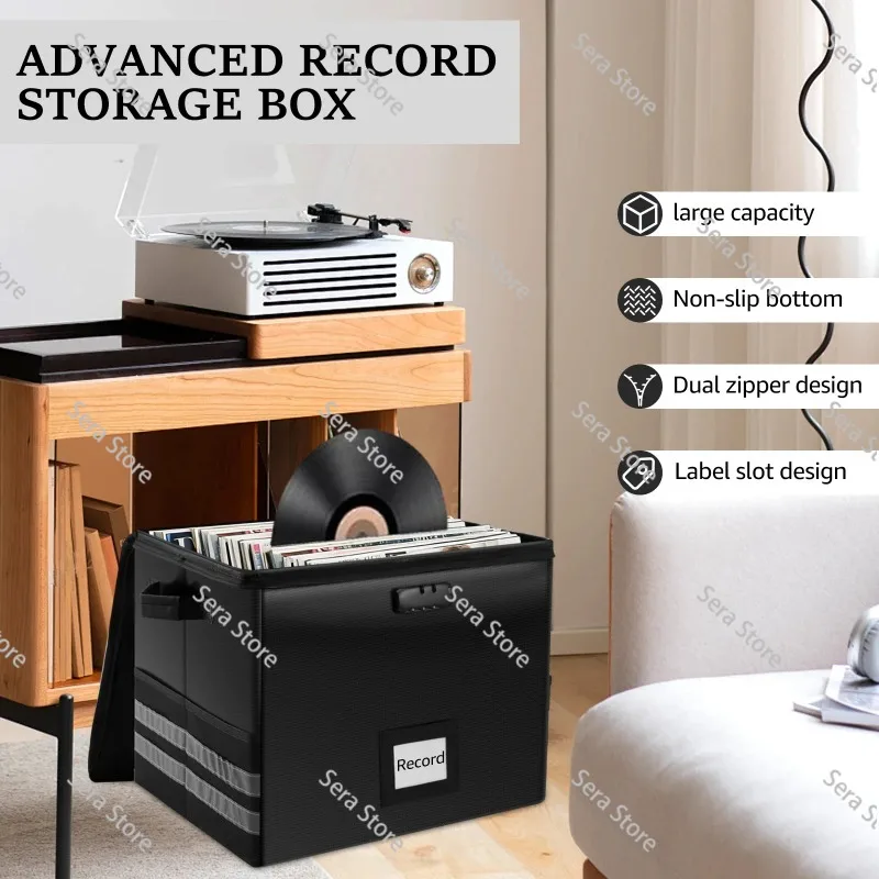 Vinyl Record Storage Box Large Capacity Portable Tote Case Up To 150 12-Inch Albums with Lid Handles Vinyl Record Organizer