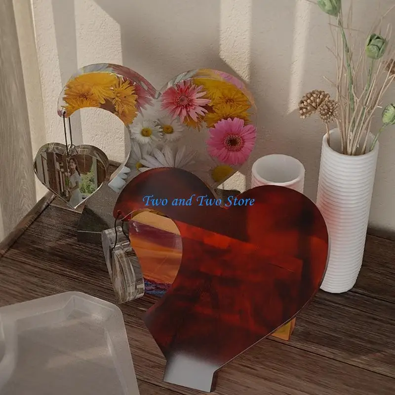 HX6F Love Heart Splicing Photo Frame Ornaments Silicone Mold with Base Bracket Mold