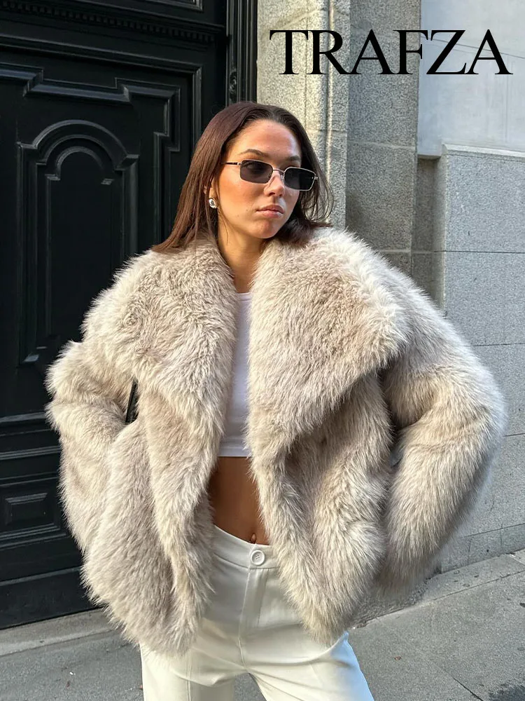 TRAFZA Warm Fluffy Faux Fur Long Sleeve Coat Female Casual Loose Turn Down Collar Overcoat Streetwear 2024 Winter Jacket Tops