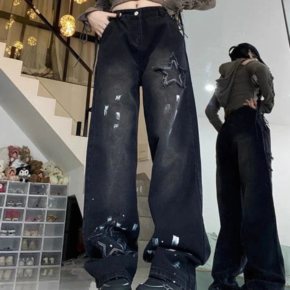 With Pockets Black Trousers Star Straight Leg Pants for Women High Waist Shot Womens Jeans Trend 2024 Pant Loosefit Grunge Y2k Z