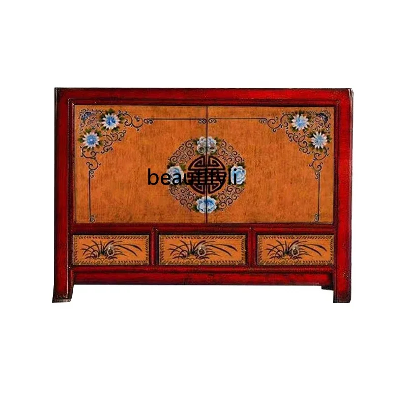 New Chinese retro solid wood porch shoe cabinet neoclassical decorative cabinet painted storage chest cabinet foyer partition