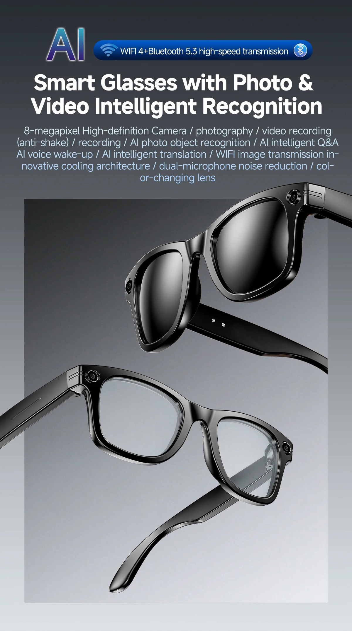 Anti-Shake-Technologie KI-Smart-Brille 4K 800W Kamera Fotos KI-Übersetzung Musik BT-Anruf Farbwechselnde Smart-Brille für Damen und Herren – Detail 1