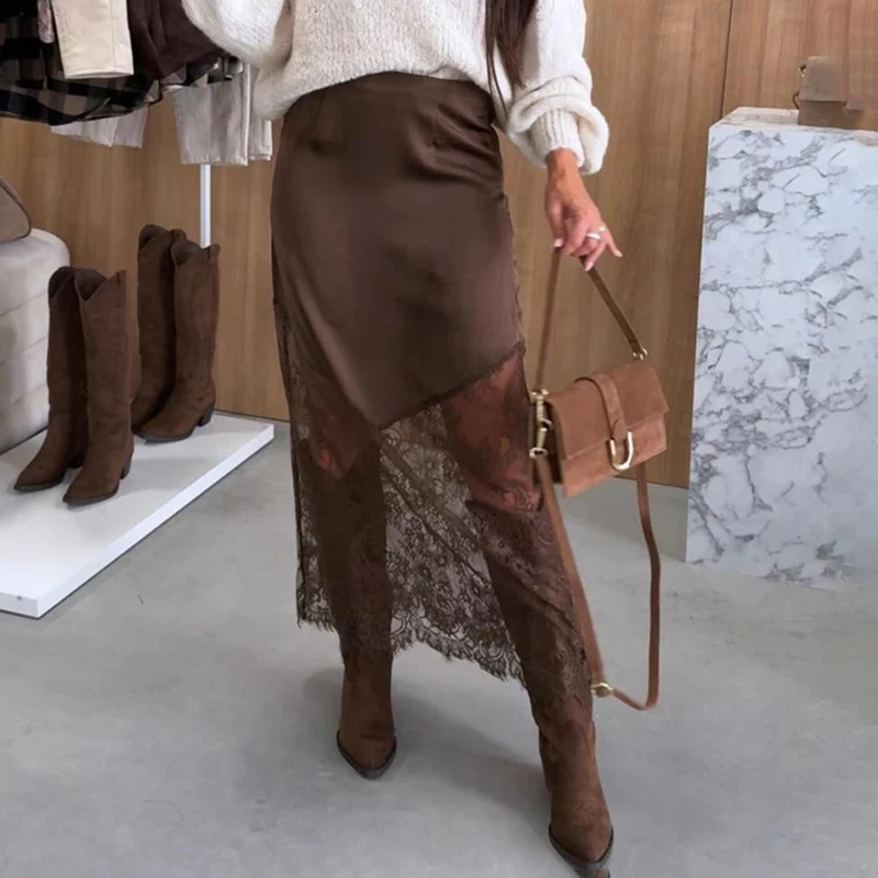 

Tornova Sexy Lace Splicing Skirt Women's Solid Hollowing Out Fashion Midi Skirt Slim High Street 2025Autumn New Hip Skirt Female