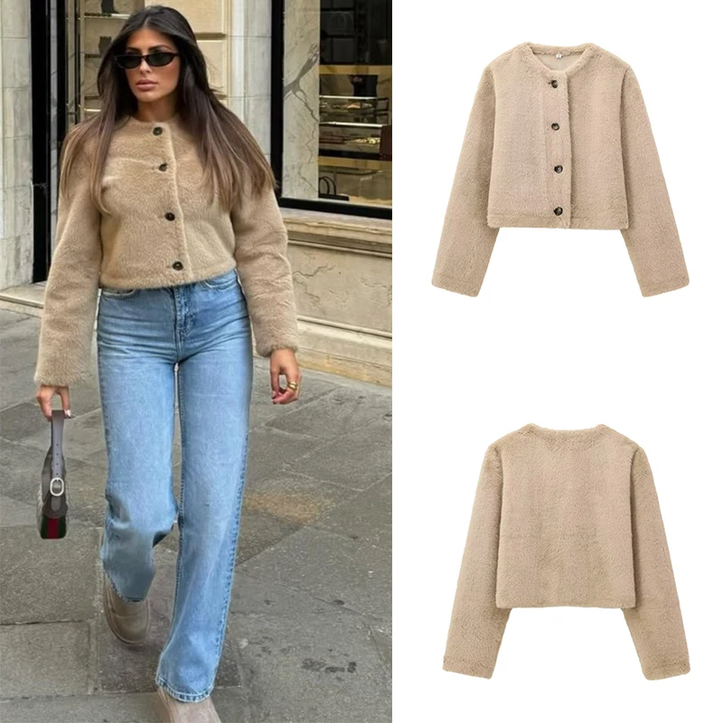 Guobioziy 2026 Fall Women Short Cropped Coat Gentle Retro Style Fashion Lady Outerwear Loose Fit Round Neck Single Breasted