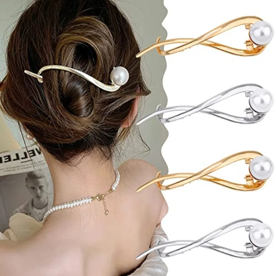 

4 Pcs Pearl Barrettes for Women - 4.2 French Hair Clips with Fancy Pearls for Thick Hair Silver+Gold