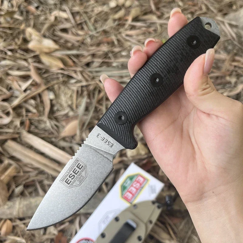 ESEE-3P Rowen Tactical Outdoor Knife Stone Washed Flat Blade Fixed Blade Black Handle Desert Scabbard Hunting Rescue Fixed Knife