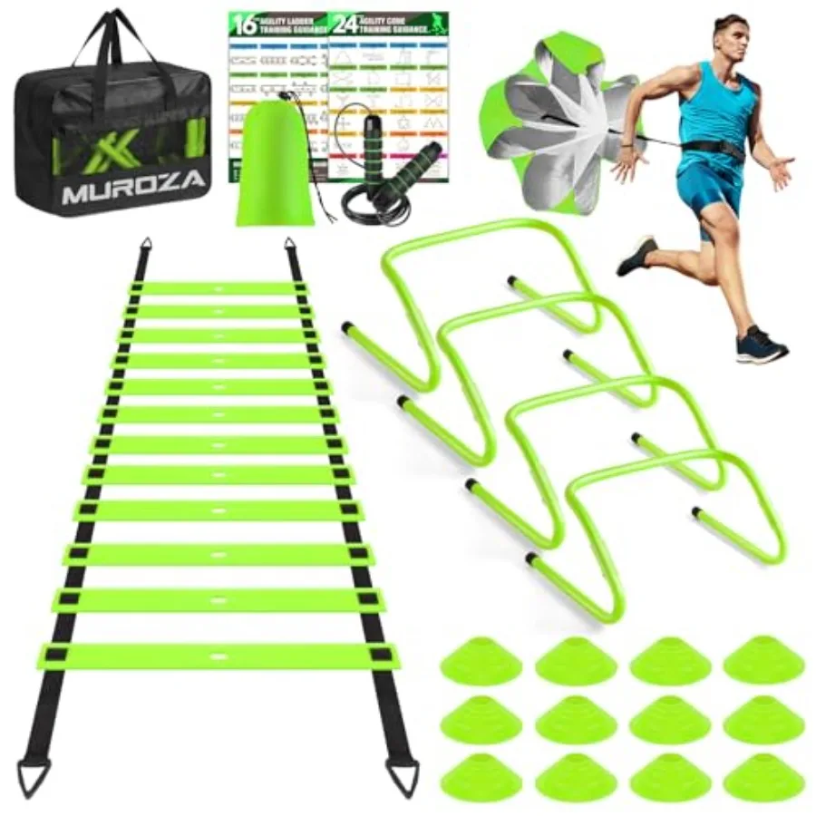 

Agility Ladder Agility Speed Training Equipment Set 20Feet Speed Ladder 12 Soccer Cones 4 Hurdles Jump Rope Running Parachute S