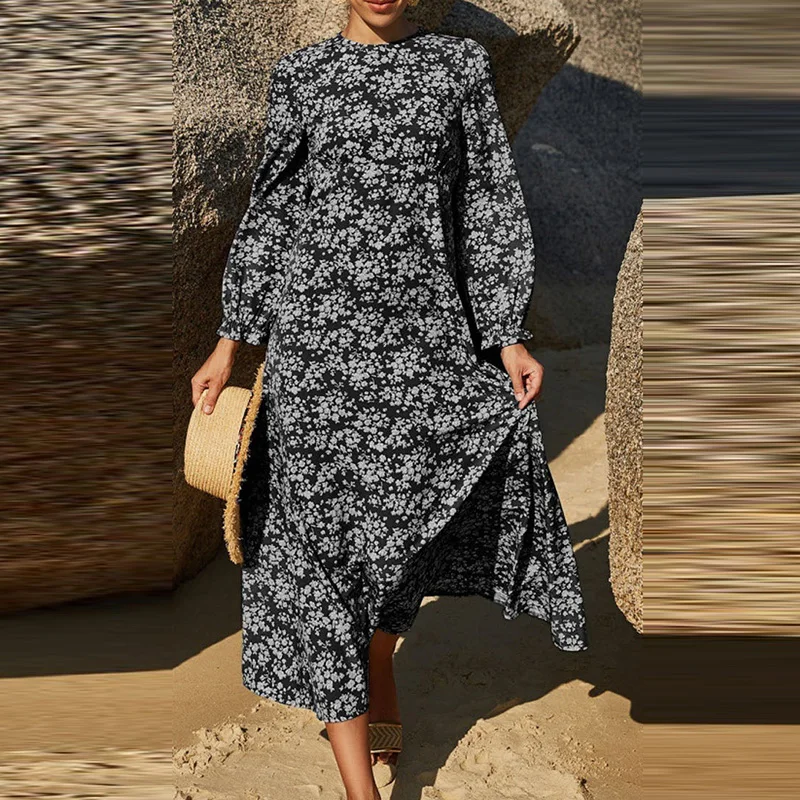 Vintage Floral Print Schlank Bohemian Kleid Frauen Mode Rundhals Lange Party Kleid Herbst Langarm Strand Maxi Kleider Vestido