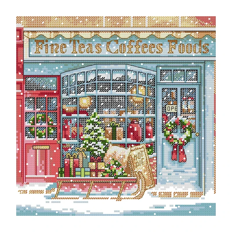 Joy Sunday Cross Stitch Kit Christmas Café 11CT 14CT Printed Cross Stitch Embroidery Kits Set Crosstitch Kit Needlework