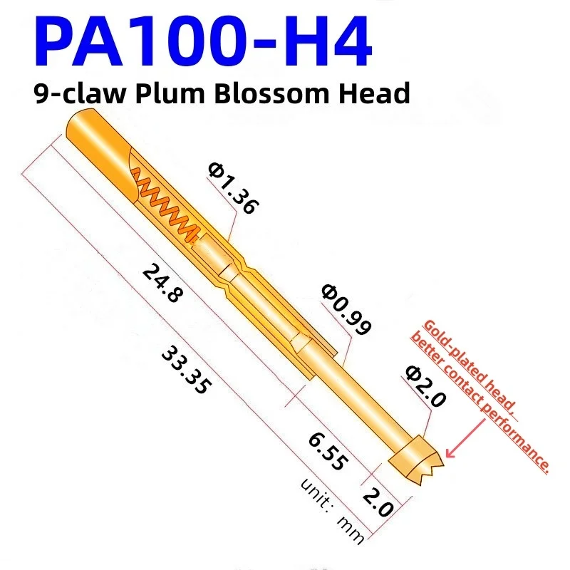 20/100PCS PA100-H4 33.35mm 9-claw Plum Blossom Head Test Pin Dia 2.0mm Needle Spring Test Probe P100-H4 Test Pogo Pin P100-H