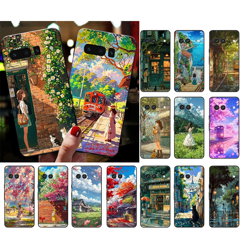 Чехол для телефона с пейзажем японского аниме Girl Cat для Google Pixel 9A 9 Pro XL 8 7 6 Pro Pixel 8A 7A 6A 5A 4A Pixel 8 7 6 5 4
