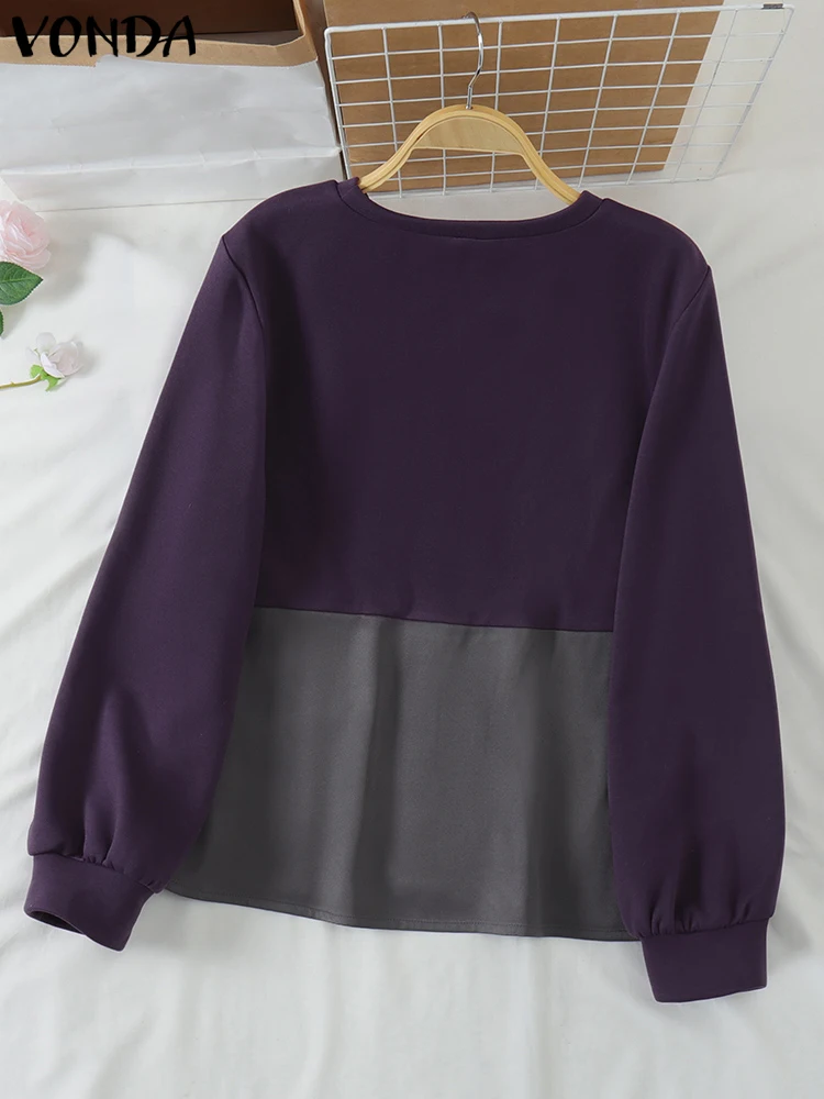 حجم كبير بلوزة نسائية بغطاء للرأس بلوزة غير رسمية برقبة مستديرة مرقعة متباينة لخريف 2025 بلوزات بأكمام طويلة بلوفرات