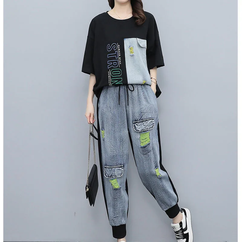 2023 Summer Women\'s Fashion Casual Short Sleeve T Shirts + Jeans  Denim Two piece Set Tracksuits