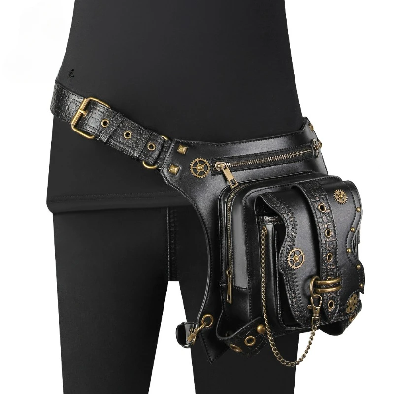 

Retro Gear Black Crossbody Shoulder Waist Bags for Men and Women Punk Chain Rivet PU Outdoor Riding Motorcycle Bag Fanny Pack