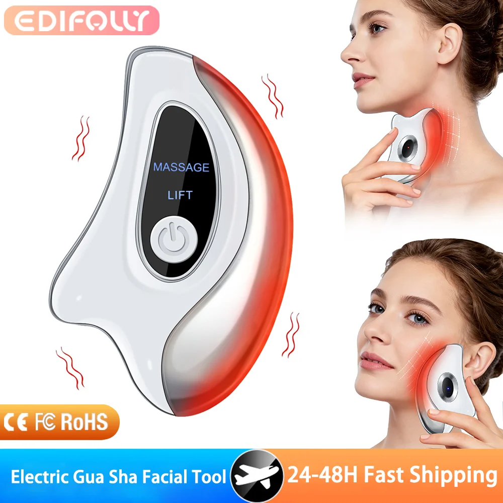 電動かっさフェイシャルマッサージツール 振動 45 ℃   一定温度加熱多機能ネック二重あごリフティングフェイスビューティーデバイス