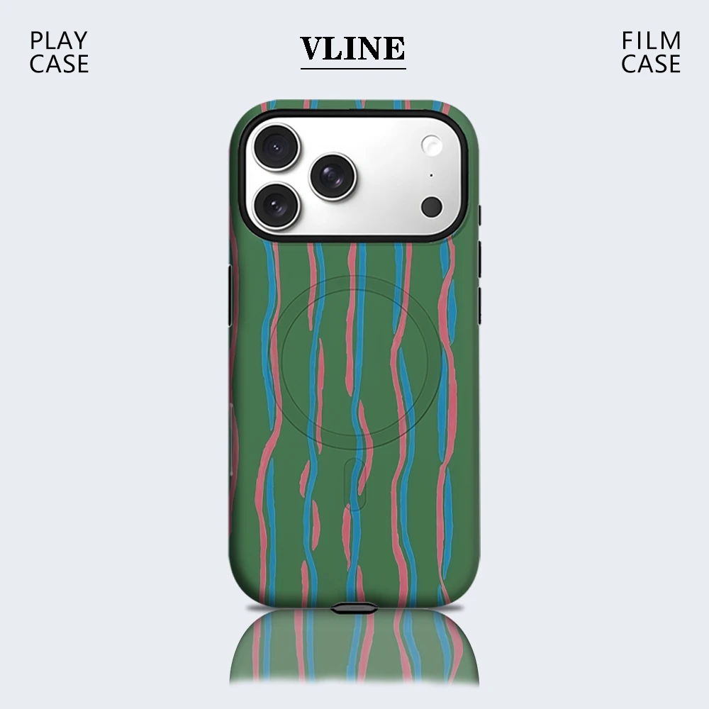Capa de Celular com Linhas Onduladas Verde, Rosa e Azul para iPhone 17 16 15 14 13 Pro Max Plus, Capa Resistente de Camada Única ou Dupla com Suporte Magnético