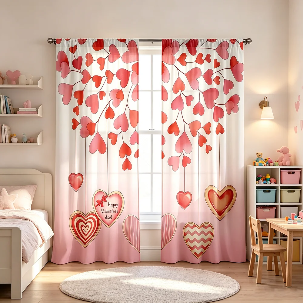 Heart Gradient Pink White Branch Curtains, Rod Pocket, Polyester, Home Decor, Bedroom Living Room, Girly Home Decor, Home Decor