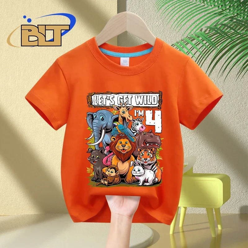 Camiseta infantil de algodão de manga curta, estampa safari, presente de aniversário infantil de 4 anos, verão