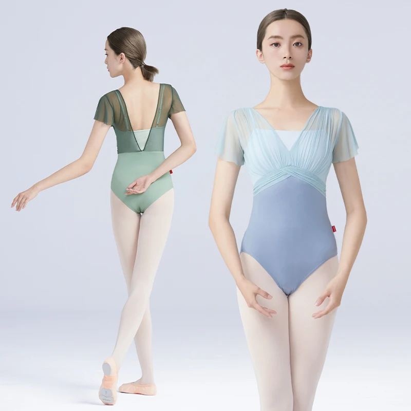 Mulheres Ballet Leotards, Collant de Dança, Nylon Emendado, Manga Curta, Plissados Ballet Bodysuit, Adulto Falso Duas Peças, Ginástica Leotards