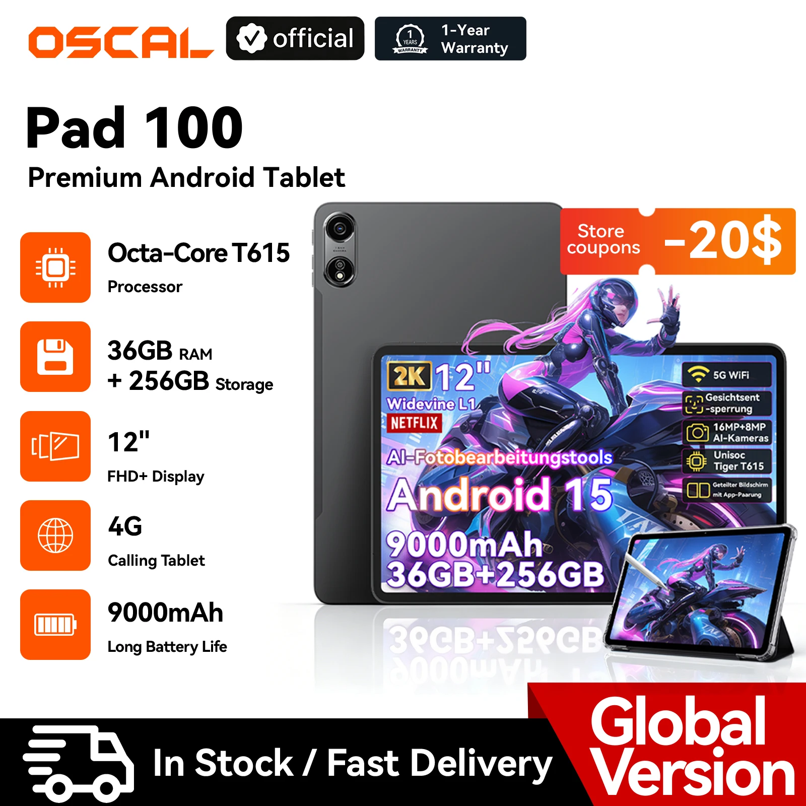 Blackview OSCAL PAD 100 Tablet PC 12'' 2K FHD+ IPS Tablet Android 15 Unisoc T615 36GB(12+24) RAM 256GB ROM 4G LTE 9000mAh GPS