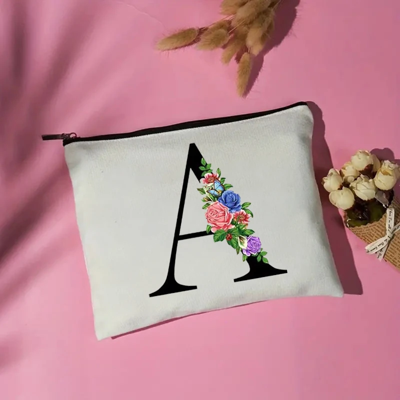 Floral Alphabet 26 Letters Women Makeup Bag Monogram Cosmetic Case Wedding Gift for Bridesmaid Teacher Pencil Case School Pursh