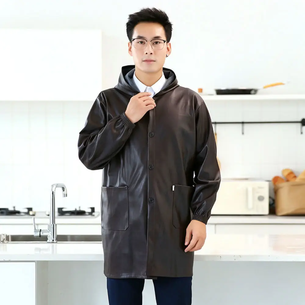 Long Sleeve Apron Waterproof PU Leather Kitchen Smock Oil Proof Professional Cleaning Bib Thickened Soft Durable Home Uniform