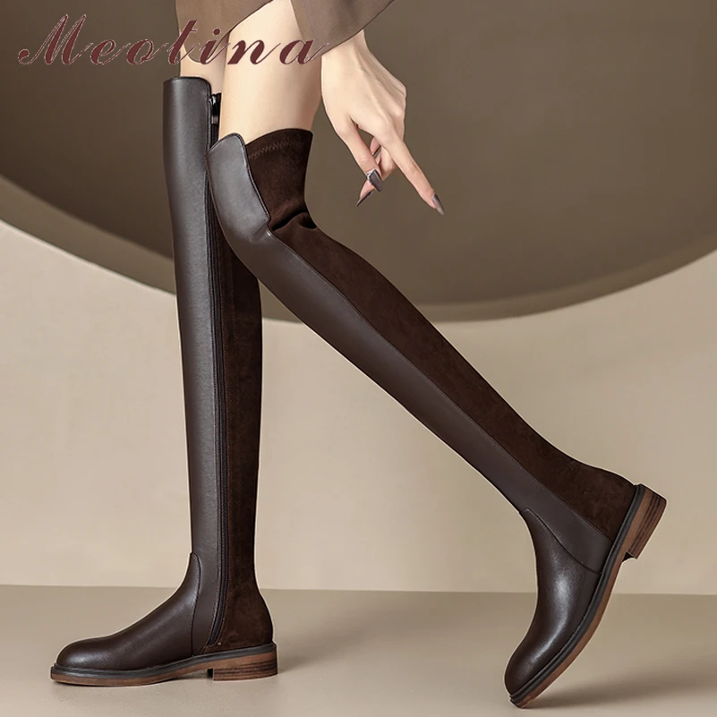 

Meotina Women Genuine Leather Thigh High Boots Round Toe Flat Zipper Ladies Fashion Over-the-Knee Long Boot Autumn Winter Shoes